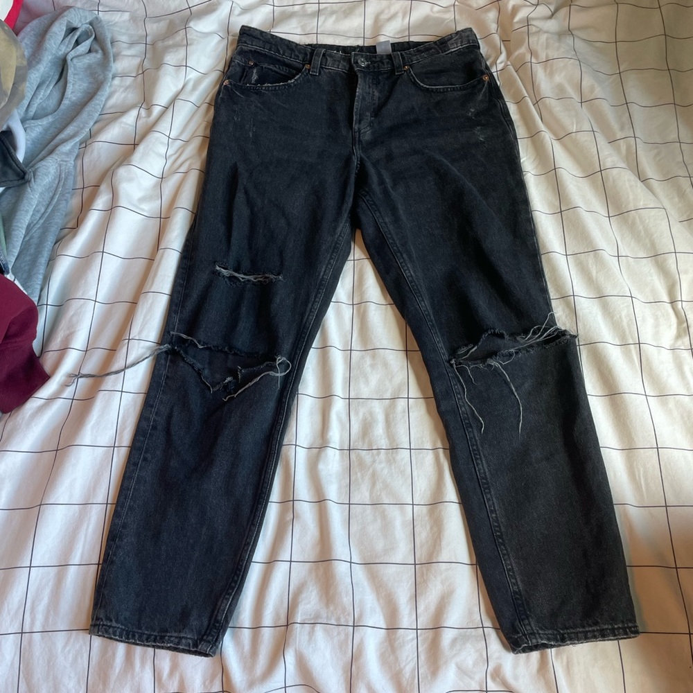 Dark gray straight leg ripped jeans
